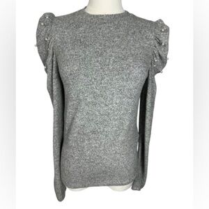 Zara Gray Knit Top with Pearl Detail Puffy Shoulders Size M